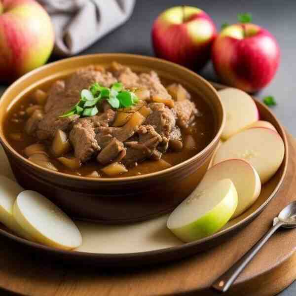 Свинина тушенная с яблоками и луком